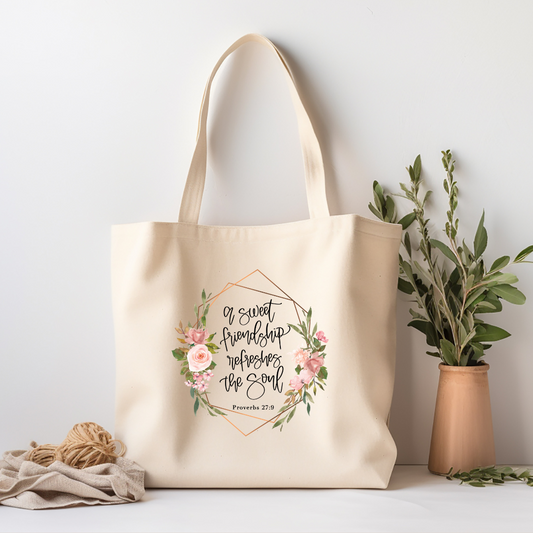 Sweet Friendship Proverbs Cotton Canvas Oversized Natural or White Tote